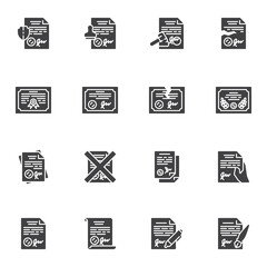 Legal documents vector icons set, modern solid symbol collection, filled style pictogram pack. Signs, logo illustration. Set includes icons as quality certificate, contract document, license stamp