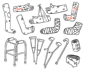 Set of crutches for disabled people with broken legs, arms and hands cast doodles. Collection of injured limbs in gypsum plasters and walking support. Media glyph symbols