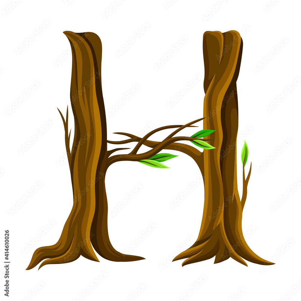 Poster uppercase letter of alphabet arranged from forest elements like tree trunk and branches vector illus