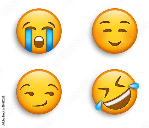 Leinwandbilder Happy Smiley Face With Smiling Eyes Loudly Crying Emoji Face Rolling On The Floor Emoji Unamused Smirking Emoji Face Sad Tears Cute Emoticon Suggestive Smile Funny Laughing Face With Tears