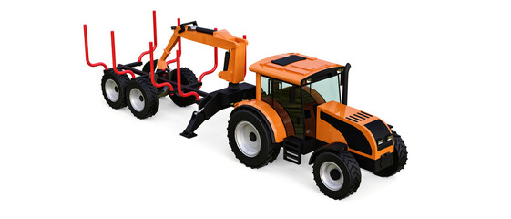 Orange tractor with a trailer for logging on a white background. 3d rendering.