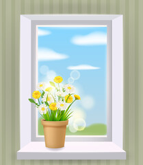 Window in interior, spring, flower pot with flowers daisy and dandelions on windowsill. Vector illustration template, isolated realistic, banner