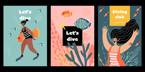 Set of vector flyers or banners for a diving club with cute divers girls surrounded by fish, algae and corals