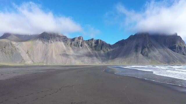 Aerial view of Vestrahorn mountain in Hofn and the Atlantic ocean. Stokksnes peninsula, Southeast Iceland