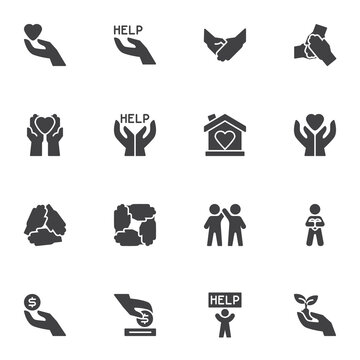 Charity and volunteer vector icons set, modern solid symbol collection, filled style pictogram pack. Signs, logo illustration. Set includes icons as hand with heart, friendship, money donation, help