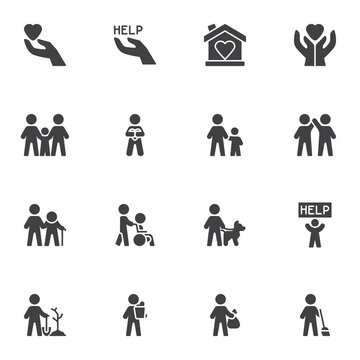 Volunteering and charity vector icons set, modern solid symbol collection, filled style pictogram pack. Signs, logo illustration. Set includes icons as family relationship, friendship togetherness