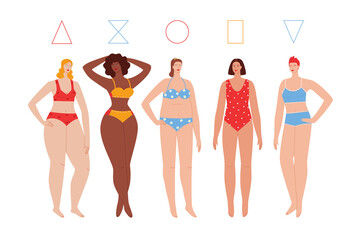 Color vector flat style illustration isolated on white background. Different types of female figures. Girls of different skin colors in swimsuits. Women with different body types