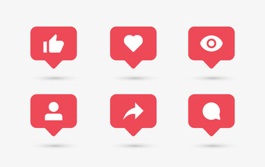 Social media notification icons in speech bubbles like love comment share follower seen icon