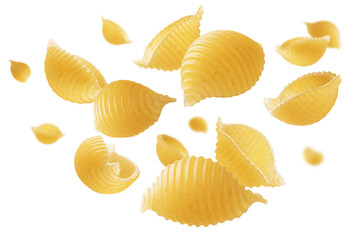 Italian pasta levitating on a white background