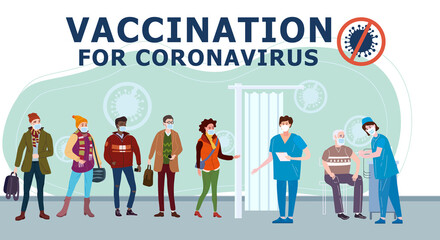 Vaccination people for COVID-19. Immunity health doctor and nurse makes injection of coronavirus in hospital. Patients womans and mans waiting in hall
