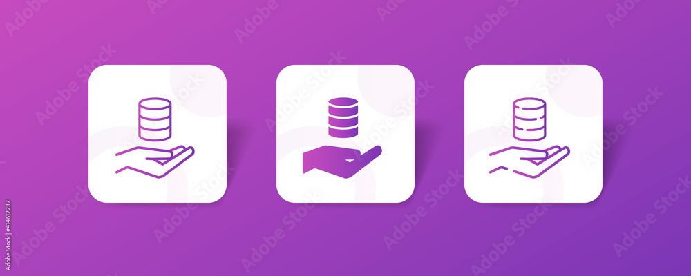 Poster pixel perfect hand with coin stack icon set in line, solid, glyph, 3d gradient style