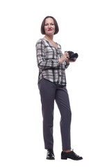 mature woman looking through the camera lens.