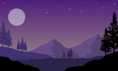 Beautiful mountain views with stars and moon in the night sky. Vector illustration