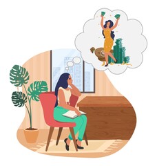 Young woman sitting on chair with book on knees and dreaming about money, flat vector illustration. Dreamy girl thinking about wealth.