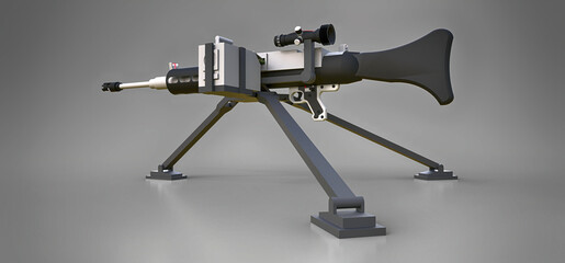 Large machine gun on a tripod with a full cassette ammunition on a grey background. 3d ilustration.