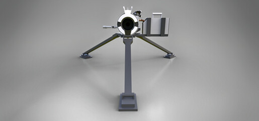 Large machine gun on a tripod with a full cassette ammunition on a grey background. 3d ilustration.