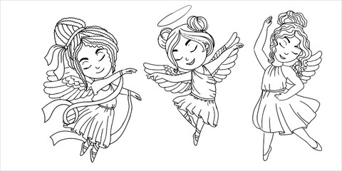 Set of Dancing Angels. Wings and halo. Children are dressed like angels. Simple drawing in pastel colors. Vector illustration in cartoon style isolated on white background.