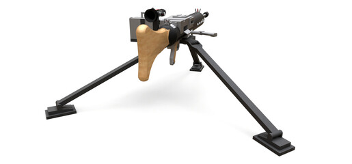 Large machine gun on a tripod with a full cassette ammunition on a white background. 3d ilustration.