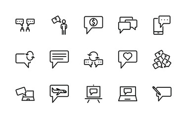 A simple set of vector line icons associated with chats. Contains icons such as: chat, heart, airplane, laptop, phone, person, and more. Editable Stroke. 48x48 pixels is perfect.