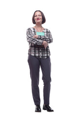 confident mature woman with a stack of books. isolated on a white background.