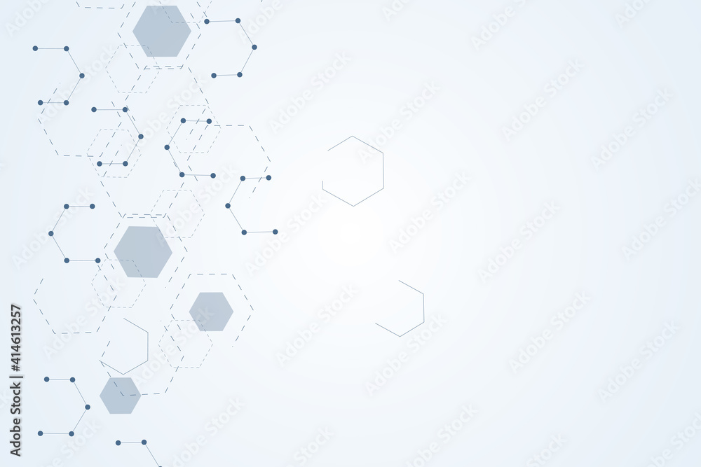 Poster science network pattern, connecting lines and dots. technology hexagons structure or molecular conne