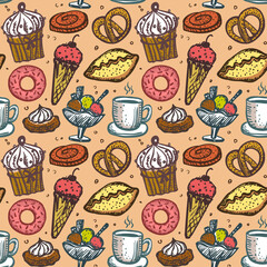 Pastry sweets seamless pattern, cute hand drawn sketch food symbols