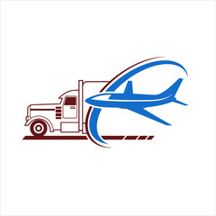 a trailer truck and airplane illustrations, icons for delivery service industries.
