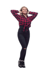 casual young woman in a red checked shirt and tight pants.