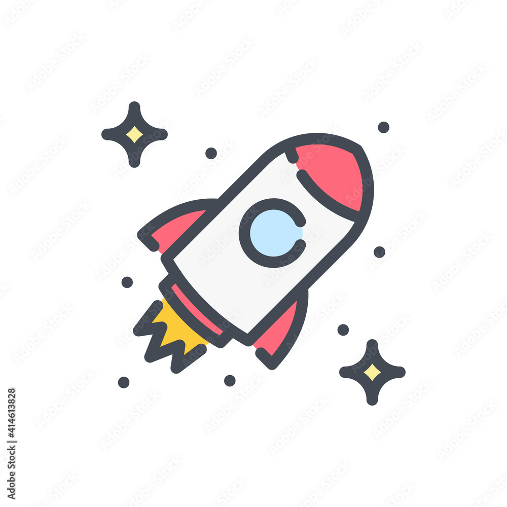 Poster rocket in space color line icon. spaceship and startup launch vector outline colorful sign.