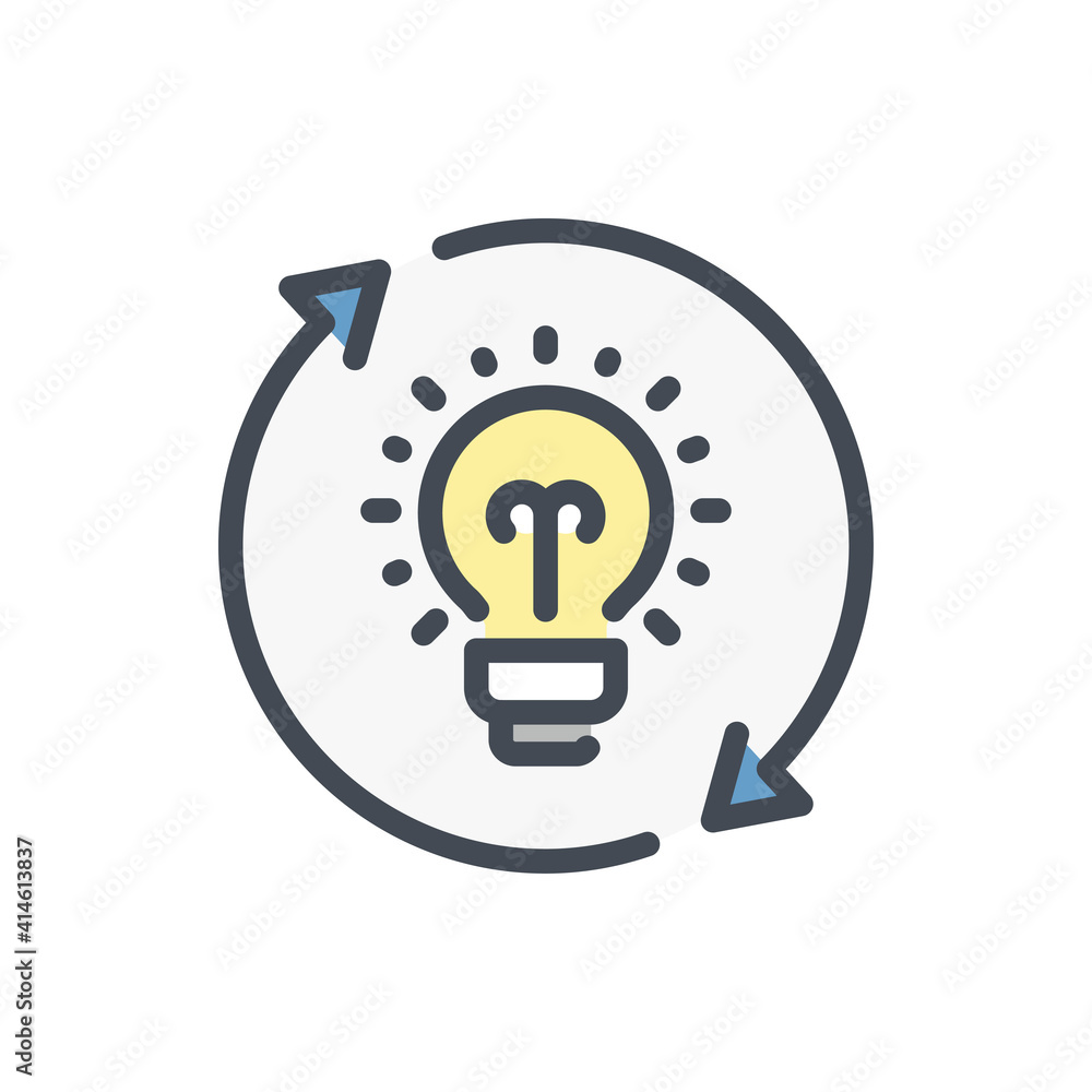 Poster idea creation process and change idea color line icon. light bulb with rotating arrows vector outlin