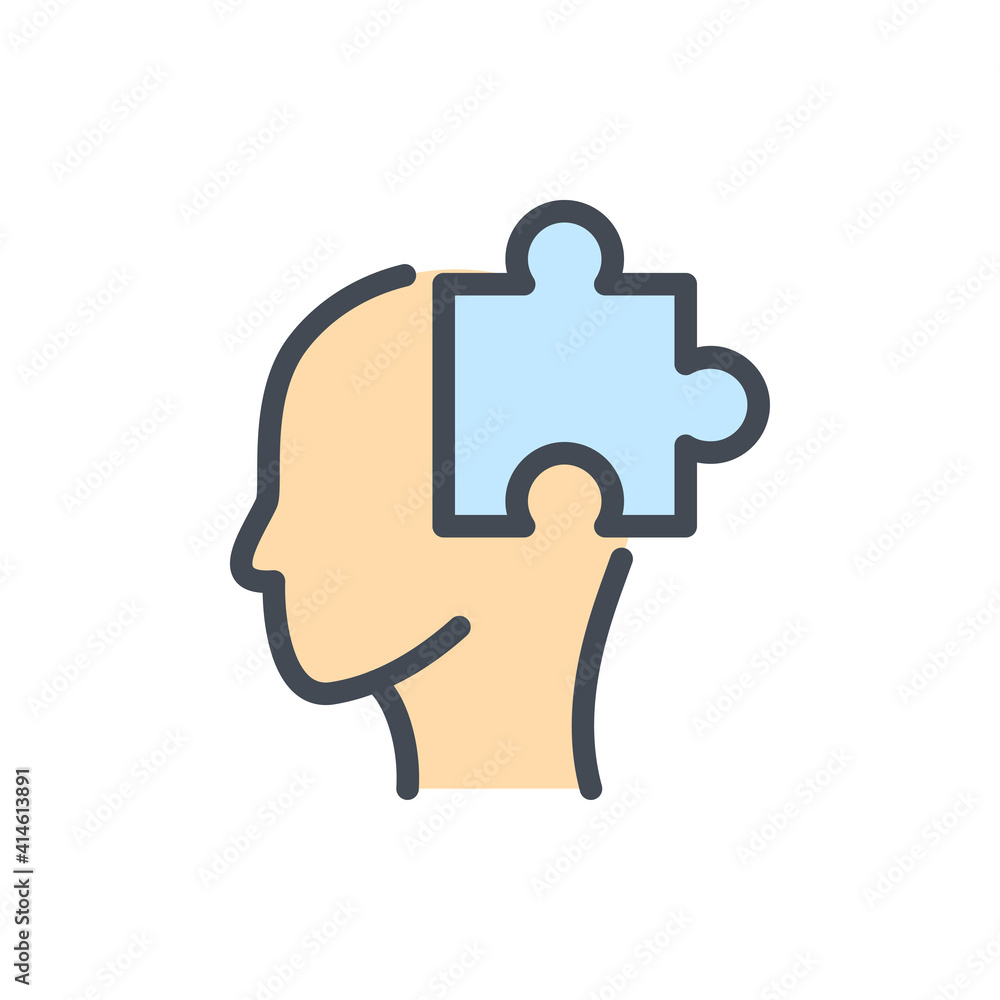 Poster intelligence and solution color line icon. human head with puzzle vector outline colorful sign.