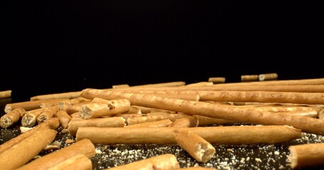 Macro shot of thin sticks of bread. Good snack for soup at lunch. Close up. High quality photo