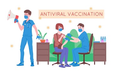 Vaccination concept for immunity health. Vaccine anti Covid-19. Doctors makes an injection of flu vaccine to pacient in hospital and inviting next. Healthcare, coronavirus, prevention and immunize.