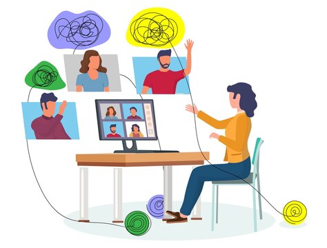 Online psychological help and support, group psychotherapy, flat vector illustration. Video conferencing technology, group chat. Psychologist online. Psychology and mental health counseling.