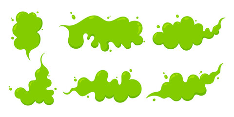 Smelling green cartoon fart cloud flat style design vector illustration set. Bad stink or toxic aroma cartoon smoke cloud isolated on white background.