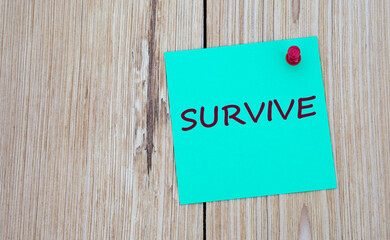 SURVIVE - word written on a green sheet for notes, which is pinned to a light wooden board