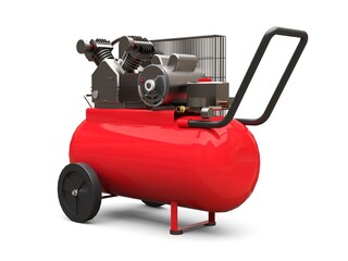 Red horizontal air compressor isolated on a white background. 3d illustration.