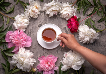Coffe, peonies on grey vintage background. Women hand holds cup of coffee.