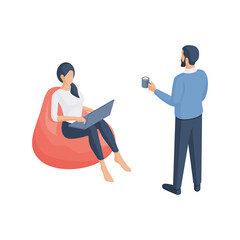 Cartoon couple with laptop an coffee at home. Isometric illustration