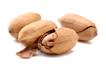 Peeled pecan nuts closeup, isolated on white background