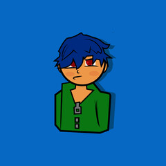 anime guy with red eyes and blue hair