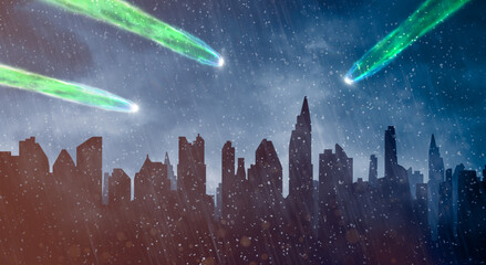 dramatic landscape with city and meteorites in the sky © andreusK