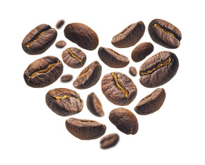Obraz premium Coffee beans in the shape of a heart on a white background