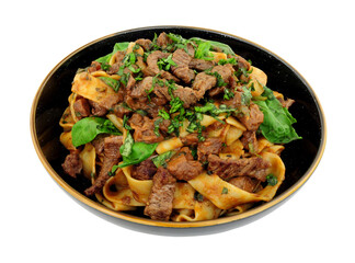 Steak ragu with pappardelle pasta isolated on a white background