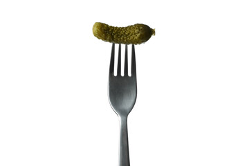 Fork with pickled cucumber isolated on white background