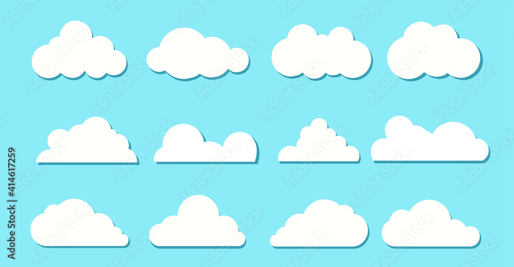 Poster cloud icons set in trendy flat style isolated on blue background. cloud symbol for your web site des