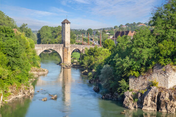 Orthez, France. View of romanesque Le Pont Vieux bridge over Ousse river
