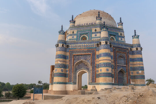 View of the medieval islamic architecture of ancient octagonal blue tomb of Bibi Jawindi, Uch Sharif, Bahawalpur, Punjab, Pakistan 