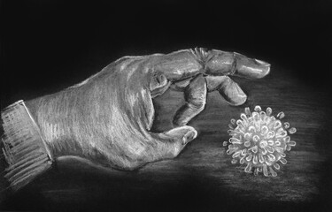 The male hand gives a click to the coronavirus. Drawing with chalk on a black background