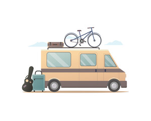 Travel tour van concept. Vacation tour. Vector flat illustration. Isolated on white background.
